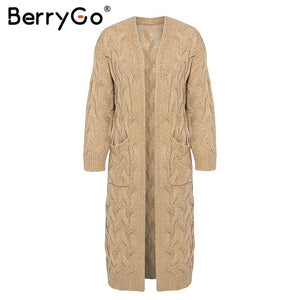 BerryGo Vintage mohair long cardigan femmes chandails femme à manches longues poche hiver cardigans tricots de style décontracté pur pulls