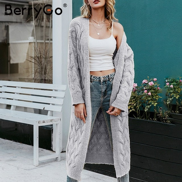 BerryGo Vintage mohair long cardigan femmes chandails femme à manches longues poche hiver cardigans tricots de style décontracté pur pulls