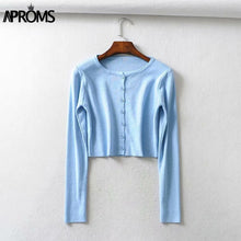 Load image into Gallery viewer, Aproms couleur bonbon côtelé tricoté Cardigan femmes automne hiver à manches longues basique recadrée chandails femme décontracté court pull-over
