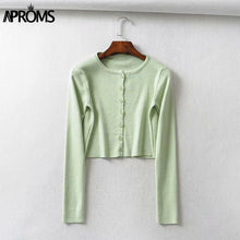 Load image into Gallery viewer, Aproms couleur bonbon côtelé tricoté Cardigan femmes automne hiver à manches longues basique recadrée chandails femme décontracté court pull-over
