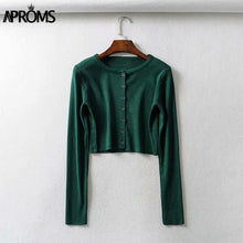 Load image into Gallery viewer, Aproms couleur bonbon côtelé tricoté Cardigan femmes automne hiver à manches longues basique recadrée chandails femme décontracté court pull-over
