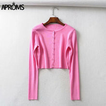 Load image into Gallery viewer, Aproms couleur bonbon côtelé tricoté Cardigan femmes automne hiver à manches longues basique recadrée chandails femme décontracté court pull-over
