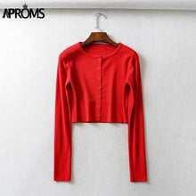 Load image into Gallery viewer, Aproms couleur bonbon côtelé tricoté Cardigan femmes automne hiver à manches longues basique recadrée chandails femme décontracté court pull-over
