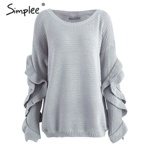 Simplee Ruffle knitted sweater women pullover female Casual loose round neck winter sweater Autumn pull femme knit jumper