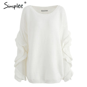 Simplee Ruffle knitted sweater women pullover female Casual loose round neck winter sweater Autumn pull femme knit jumper