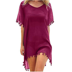 2019 New Chiffon Tassels Beach Wear Women Swimsuit Cover Up Swimwear Bathing Suits Summer Mini Dress Loose Solid Pareo Cover Ups