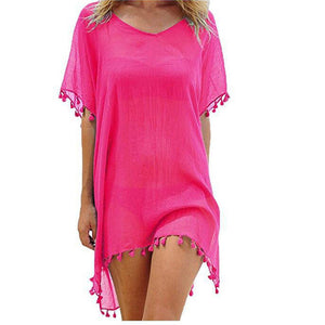 2019 New Chiffon Tassels Beach Wear Women Swimsuit Cover Up Swimwear Bathing Suits Summer Mini Dress Loose Solid Pareo Cover Ups