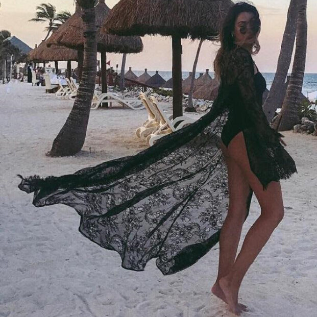Women Lace Maxi Dress Wide Long Sleeve Dresses Solid Black White Asymetrical Floor-Length Long Dresses Vestidos Femme