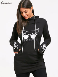 Wipalo Cartoon Cat Print Drawstring Tunic Long Hoodies Long Sleeve Feminino Harajuku Spring Female Casual Hoodies Sweatshirts