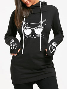 Wipalo Cartoon Cat Print Drawstring Tunic Long Hoodies Long Sleeve Feminino Harajuku Spring Female Casual Hoodies Sweatshirts
