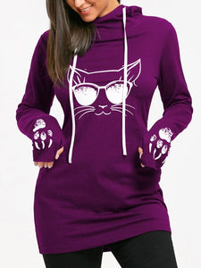 Wipalo Cartoon Cat Print Drawstring Tunic Long Hoodies Long Sleeve Feminino Harajuku Spring Female Casual Hoodies Sweatshirts