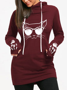 Wipalo Cartoon Cat Print Drawstring Tunic Long Hoodies Long Sleeve Feminino Harajuku Spring Female Casual Hoodies Sweatshirts