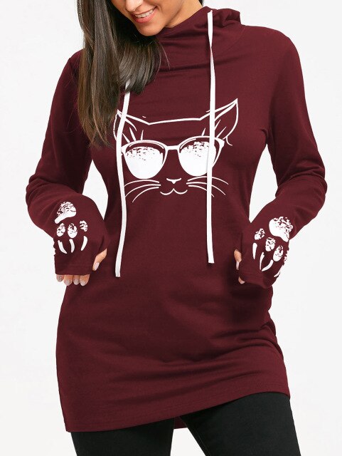 Wipalo Cartoon Cat Print Drawstring Tunic Long Hoodies Long Sleeve Feminino Harajuku Spring Female Casual Hoodies Sweatshirts